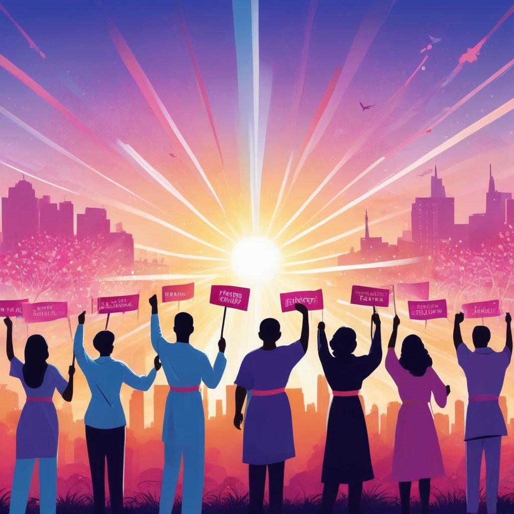 A powerful, uplifting illustration featuring a diverse group of advocates raising awareness for oncology, with vibrant banners displaying messages of hope and strength. The background showcases a stylized skyline representing community support, while a radiant light beams down symbolizing empowerment. Include elements like a stethoscope, cancer awareness ribbons, and symbolic flowers to enhance the theme of healing. super-realistic. vibrant colors. uplifting atmosphere.