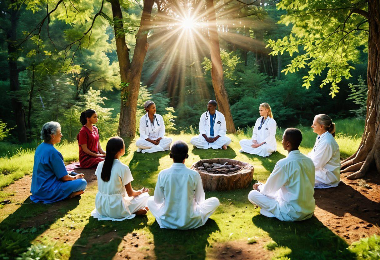 A serene and hopeful scene depicting a diverse group of patients and doctors engaged in a healing circle, surrounded by nature, symbolizing the journey from diagnosis to survival. Elements of holistic therapy such as herbal remedies, meditation, and clinical discussions can be seen. The atmosphere should radiate warmth and optimism, with soft sunlight filtering through trees. Emphasize unity and empowerment in their expressions. vibrant colors. super-realistic.
